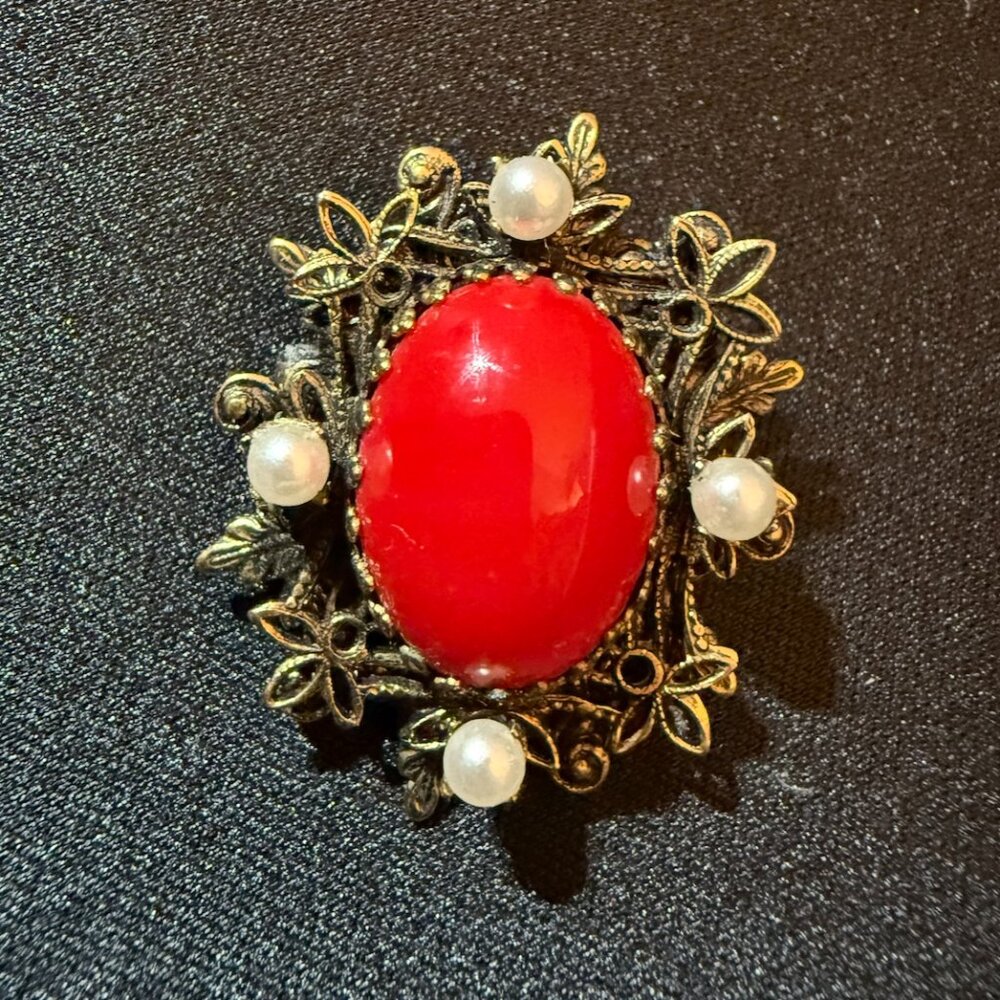 Vintage costume jewelry red brooch with pearls